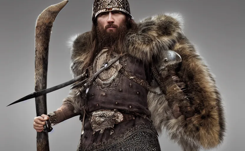 Image similar to “portrait of a Viking warrior princes with war paint wearing a fur pelt wielding a large double sided ax, by igor morski, by Dan Mumford, by Wes Benscoter, 4K resolution, hyper detailed, photo realistic, realistic shadows, volumetric lighting, portrait, 3D, rendered in octane, zbrush”