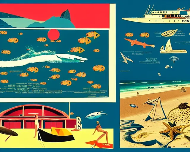 Image similar to footage of a theater stage, 1976 poster, cut out collage, film noir, beach on the outer rim, epic theater, tropical sea creatures, nautical maps, grafitti in style of Ernst Haeckl, composition by Wes Anderson, written by Ernst Jandl, lens flare