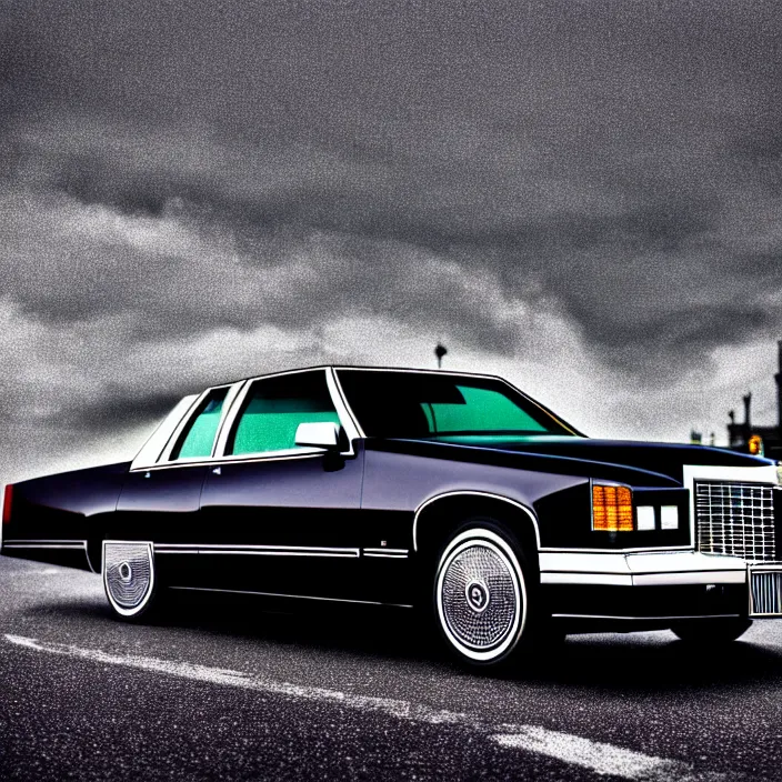 Prompt: hyper realistic, high detail photo of black 1 9 9 2 cadillac de ville, city streets wet, beautiful, dreary lighting