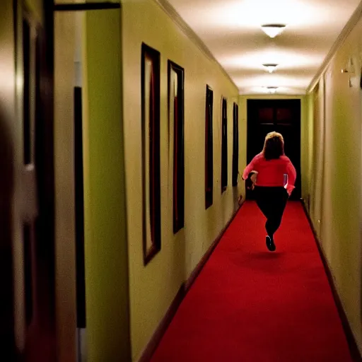 Image similar to a woman running down the hallway of her home, looking behind her