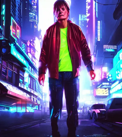 Prompt: marty mcfly wearing a futuristic outfit in a cyberpunk city, neon signs, futuristic, realistic, 8 k, extremely detailed, cgi, trending on artstation, hyper - realistic render, 4 k hd wallpaper, premium prints available, by greg rutkowski, esuthio, craig mullins, dystopian scifi gear, gloomy