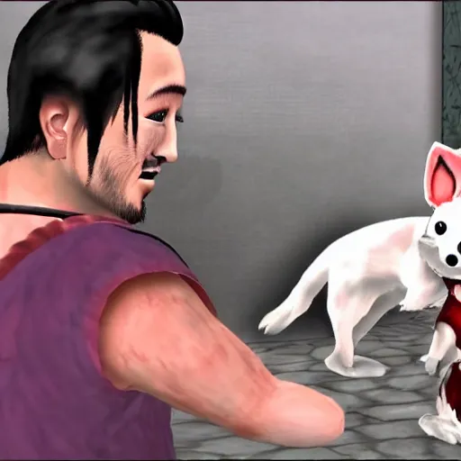 Image similar to Screenshot of the Markiplier character in the Playstation 2 game Okami. HDR, 4k, 8k, Okami being petted by the YouTuber Markiplier, who is looking at the camera while petting Okami. Very accurate depiction of Markiplier in Okami.