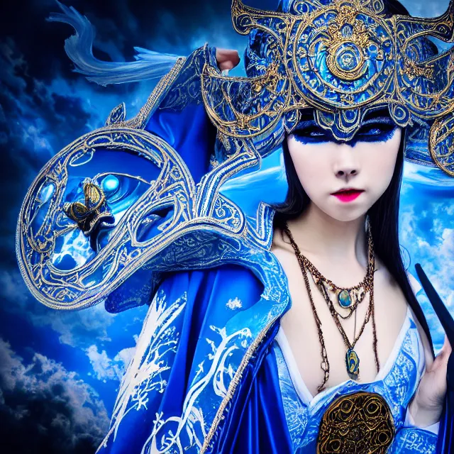 Prompt: beautiful!! elemental sky witch with intricate ornate blue and white robes and venetian mask and sky powers highly detailed 8 k hdr smooth sharp focus high resolution award - winning photo