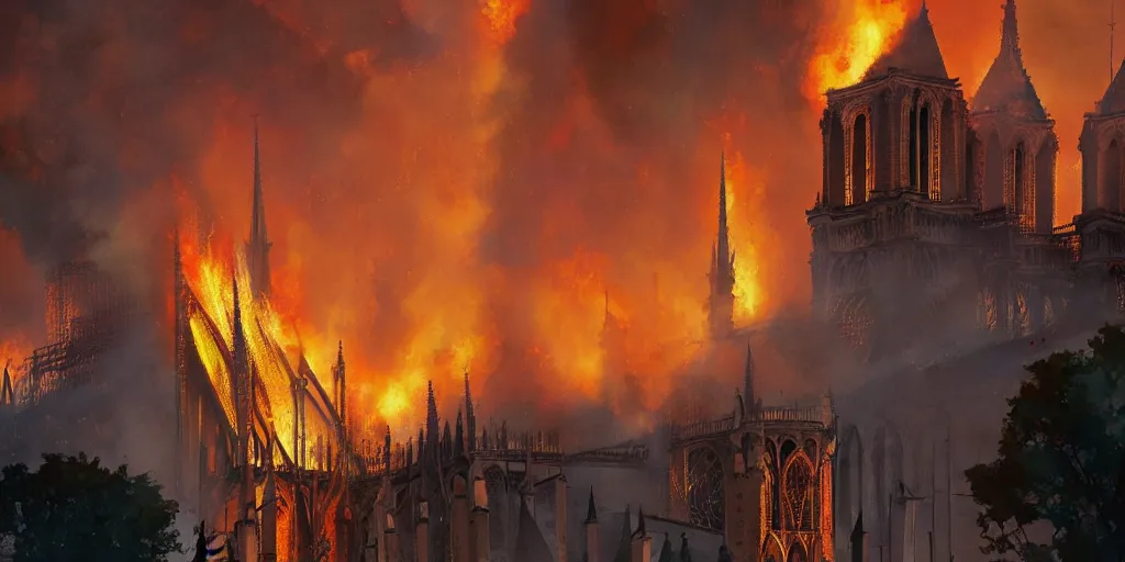 Image similar to fire engulphs the Notre Dame de Paris, abstract art by Makoto Shinkai