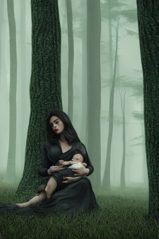 Image similar to a cinematic shot of a young woman with dark hair holds a baby in a dark, foggy forest, octane render, nvidia raytracing demo, closeup, masterpiece