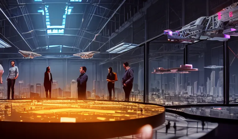 Image similar to group of people in simple warehouse, looking at hologram of futuristic city on a table, cinematic concept art, godrays, golden hour, natural sunlight, 4 k, clear details, tabletop model buildings, center model buildings, hologram center, crane shot, crane shot, crane shot