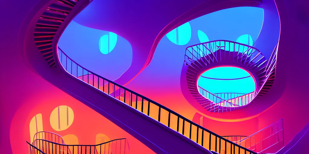 Prompt: spiral lines, minimalistic, extreme wide angle, curved perspective, digital art, subsurface scattering, indoor casino staircase, by anton fadeev, lorax movie, cotton candy smoke, artstation, neon lights