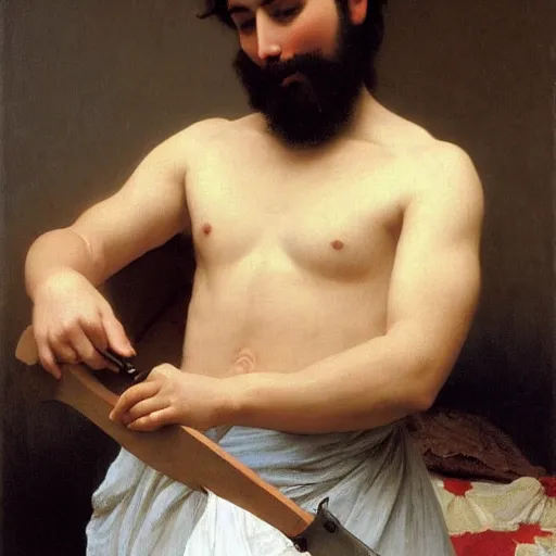 Image similar to painting of a man ironing his collar shirt placed on a bed. smiling. happy. cheerful. art by william adolphe bouguereau. extremely detailed. beautiful. 8 k. award winning.