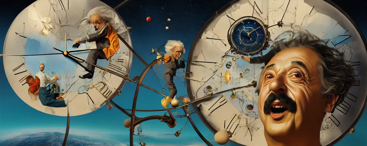 Image similar to duotone surrealist illustration 3 / 4 portrait of albert einstein measuring time on salvadore dali clock in outer space. golden ratio accidental renaissance. by sachin teng and sergey kolesov and ruan jia and heng z. graffiti art, scifi, fantasy, hyper detailed. octane render. concept art. trending on artstation