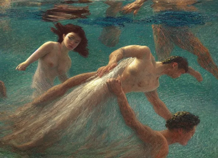 Prompt: people underwater figures, flowing cloth, in the style of matt murphy, enes dirig, jeremy enecio, intricate, miles johnston, monet, cynical realism, john william godward, painterly, yoshitaka amano, miles johnston, louise zhang, matt murphy, enes dirig, pekka halonen, finnish naturalism, realism