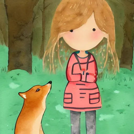 Image similar to a watercolor illustration of a girl with light brown hair, hazel eyes and freckles accompanied by a shiba inu