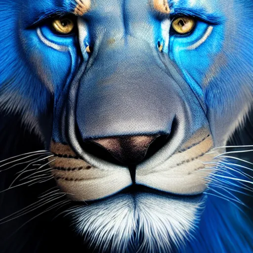 Image similar to a studio photograph of a blue lion wearing a tuxedo suit,professional photography,studio lighting,studio photo,professional lighting,3 point lighting,dramatic,4k,detailed face,hyperdetailed,photorealistic,digital art,ultra realistic,ultra detailed,art by greg rutkowski