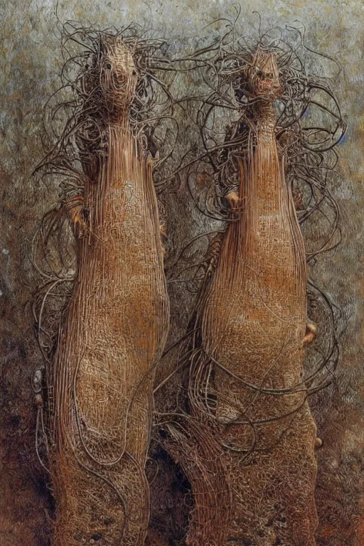 Prompt: a couple of strange looking animals standing next to each other, a surrealist painting by peter gric, cgsociety, pop surrealism, biomorphic, surrealist, dystopian art