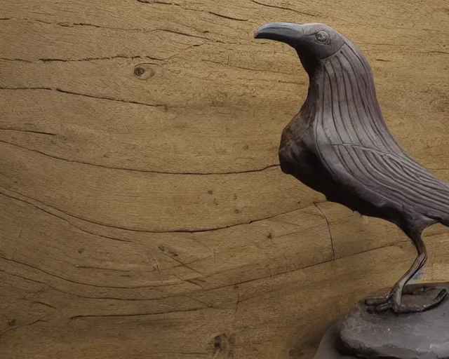 Prompt: a history textbook page that's showing 'wooden table holding ancient clay sculpture of a raven', clay sculpture, photograph, zoomed out, trending on tumblr