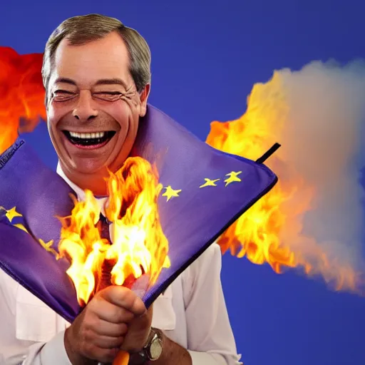 Image similar to nigel farage laughing holding burning eu flag, studio photograph, hd, studio