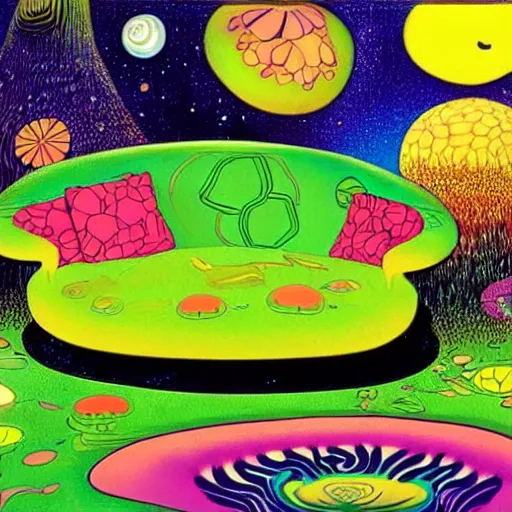 Prompt: psychedelic trippy couch in the lush forest, planets, flowers, mushrooms milky way, sofa, cartoon by carl barks and eric carle