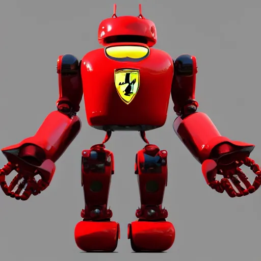 Prompt: a red robot with tires on it's shoulders, Ferrari logo on it's chest, rounded head with shades | unreal engine | hd | 3D model
