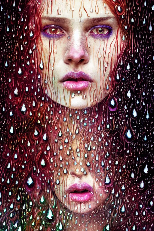 Prompt: portrait of a girl upside down psychedelic LSD rain with wet hair and face, fantasy, intricate, elegant, dramatic lighting, emotionally evoking symbolic metaphor, highly detailed, lifelike, photorealistic, digital painting, artstation, concept art, smooth, sharp focus, illustration, art by John Collier and Albert Aublet and Krenz Cushart and Artem Demura and Alphonse Mucha