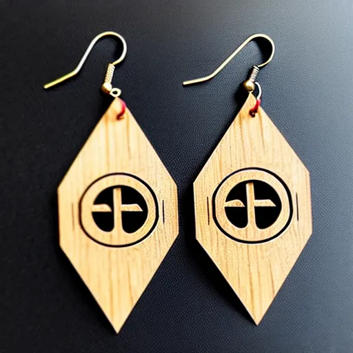 Image similar to 2 d wood lasercut earrings, mystical symbols, 8 k, hd, trending on amazon on artstation, trending on deviantart, trending on etsy, epic digital art