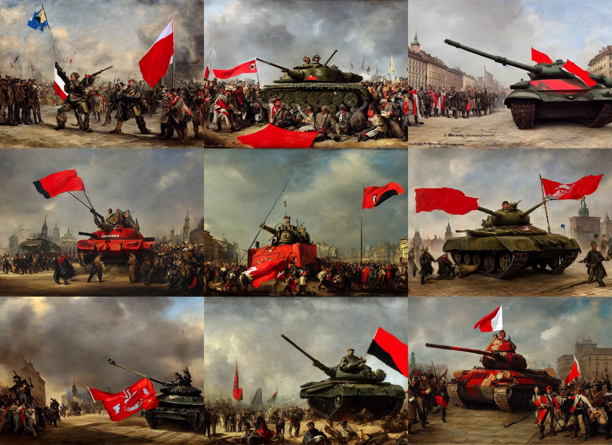 Prompt: a tank in warsaw with polish flag waving, painted by Jan Matejko