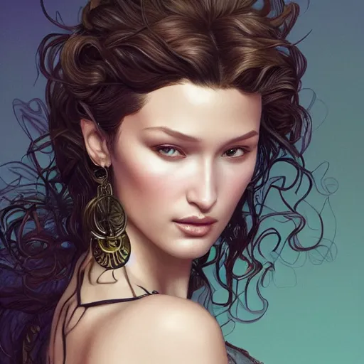 Image similar to ultra realistic illustration, bella hadid wearing a curly english mustache, intricate, elegant, highly detailed, digital painting, artstation, concept art, smooth, sharp focus, illustration, art by artgerm and greg rutkowski and alphonse mucha