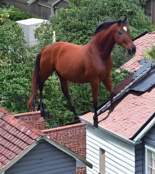 Prompt: low quality photo of a horse on the roof of a house