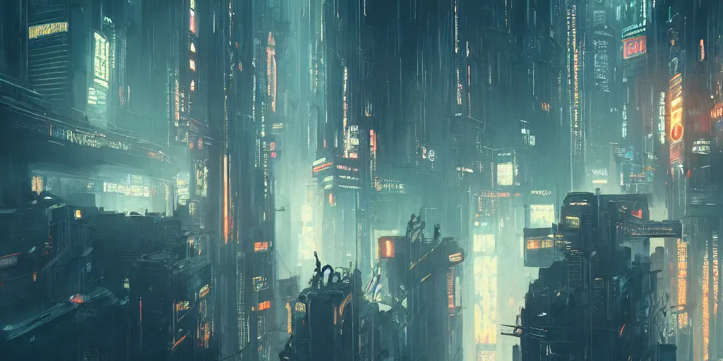 Image similar to a painting of a cinematic keyframe of a cyberpunk dystopian city, blade runner like seen from above, cenital shot, by greg rutkowski, rule of thirds, golden ratio, ambient lighting, wlop, artgerm, artstation, highly detailed masterpiece, dark fantasy art, high detail, trending on artstation
