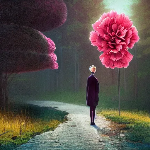 Image similar to giant carnation flower head, girl in a suit, on a path, surreal photography, sunrise, dramatic light, impressionist painting, digital painting, artstation, simon stalenhag