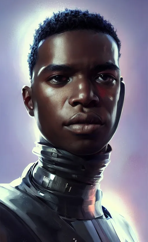 Image similar to portrait of a young black man with a mohawk and a solid black eye, wearing futuristic techwear highly detailed, digital painting, artstation, concept art, smooth, sharp focus, illustration, art by wlop, uang guangjian and gil elvgren and sachin teng and greg rutkowski