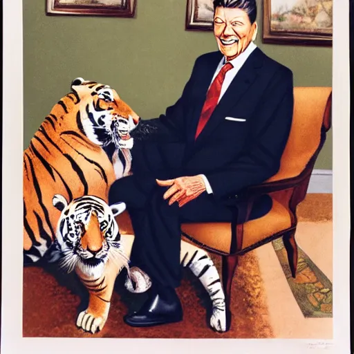 Image similar to [ ronald reagan sitting in chair with a tiger lying at his feet ]