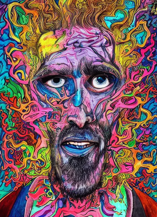 Image similar to a man with a psychedelic face with many deformed and chaotic monsters on his face