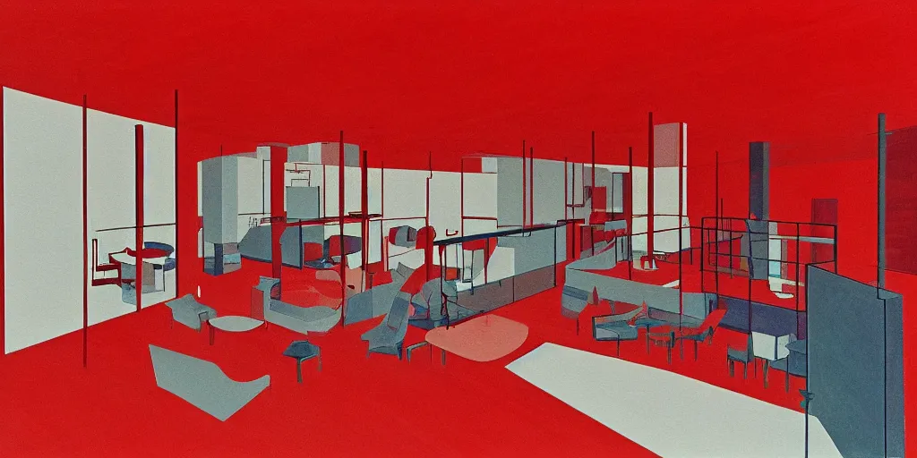 Prompt: modernist interior, seen from above, by René Laloux, line brush, red, plain background