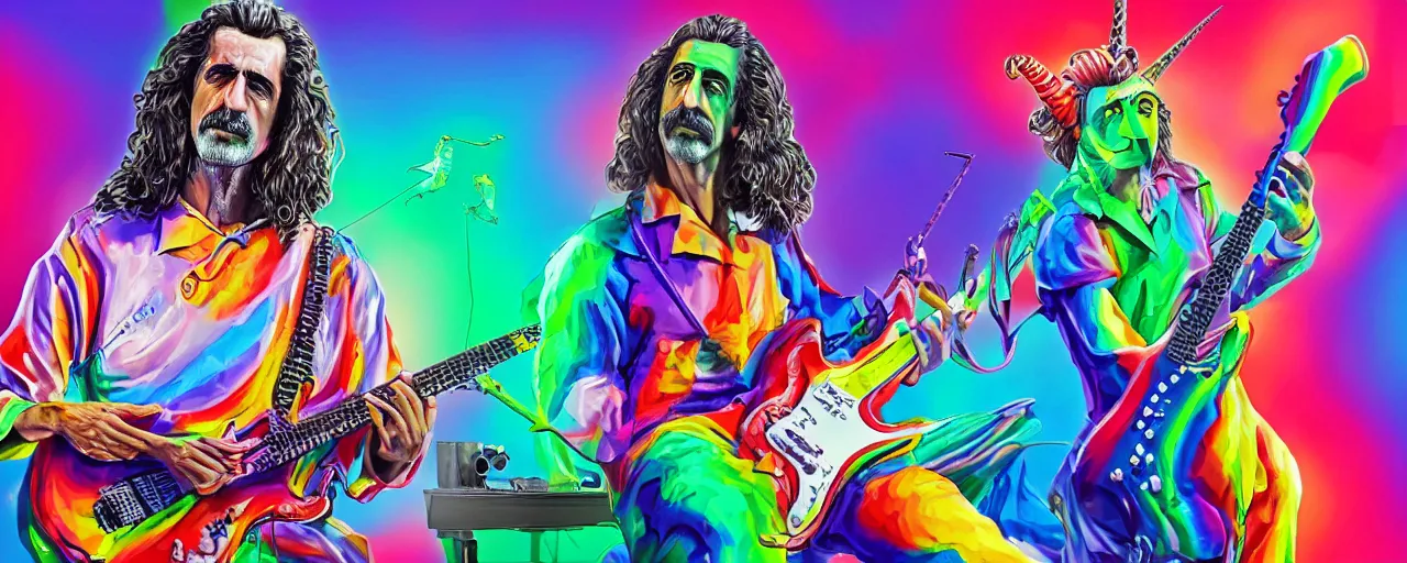 Image similar to A 3d rendered colourful portrait of frank zappa playing an electric guitar whilst riding a unicorn, digital art, 4k