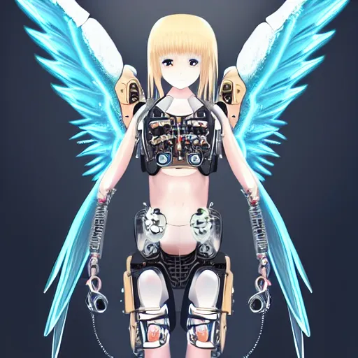 Image similar to cute small cyborg - angel girl with large angelic wings, left eye gold and right eye silver, biomechanical details, wearing epic bionic cyborg implants, digital cyberpunk - anime art, full body shot