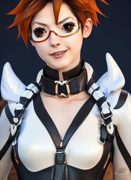 Image similar to portrait bust digital artwork of tracer overwatch, wearing white iridescent rainbow latex and leather straps catsuit outfit, 4 k, expressive happy smug expression, makeup, in style of mark arian, angel wings, wearing detailed black leather collar, chains, black leather harness, detailed face and eyes,