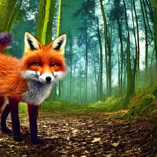 Image similar to an enchanting forest, foxes stand on their hind legs, look at the sky and wave goodbye with their forelegs. there is a purple unidentified flying object in the sky. fantasy. realistic photo. very clear shots.