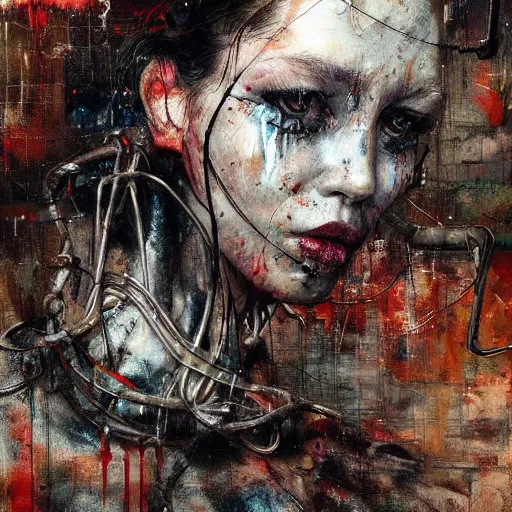 Image similar to mad max wires cybernetic implants, abandoned steelworks, grime and grunge, in the style of adrian ghenie, esao andrews, jenny saville,, surrealism, dark art by james jean, takato yamamoto