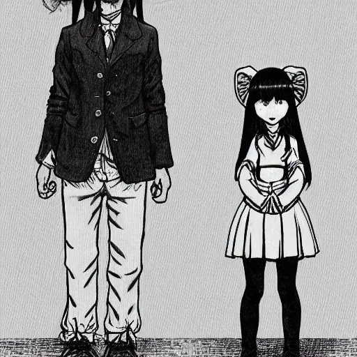 Prompt: a giant rabbit the size of a lion standing next to girl with long dark hair in sailor uniform, manga style, white background, clean lines in dark pen, drawn by junji ito