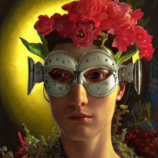 Prompt: a baroque neoclassicist close - up renaissance portrait of an android wearing a carnivale eyemask made from flowers, reflective detailed textures, highly detailed fantasy science fiction painting by moebius, norman rockwell, frank frazetta, and syd mead and john watkiss. art deco shaman. rich colors, high contrast. artstation