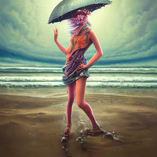 Image similar to a atompunk art raver girl dancing on beach rain and fog peter mohrbacher and chris dyer, intricate detail, finely detailed, small details, extra detail, photorealistic, high resolution, vray, hdr, hyper detailed, insane details, intricate, elite, ornate, elegant, luxury, dramatic lighting, octane render, weta digital, micro details, 3 d sculpture