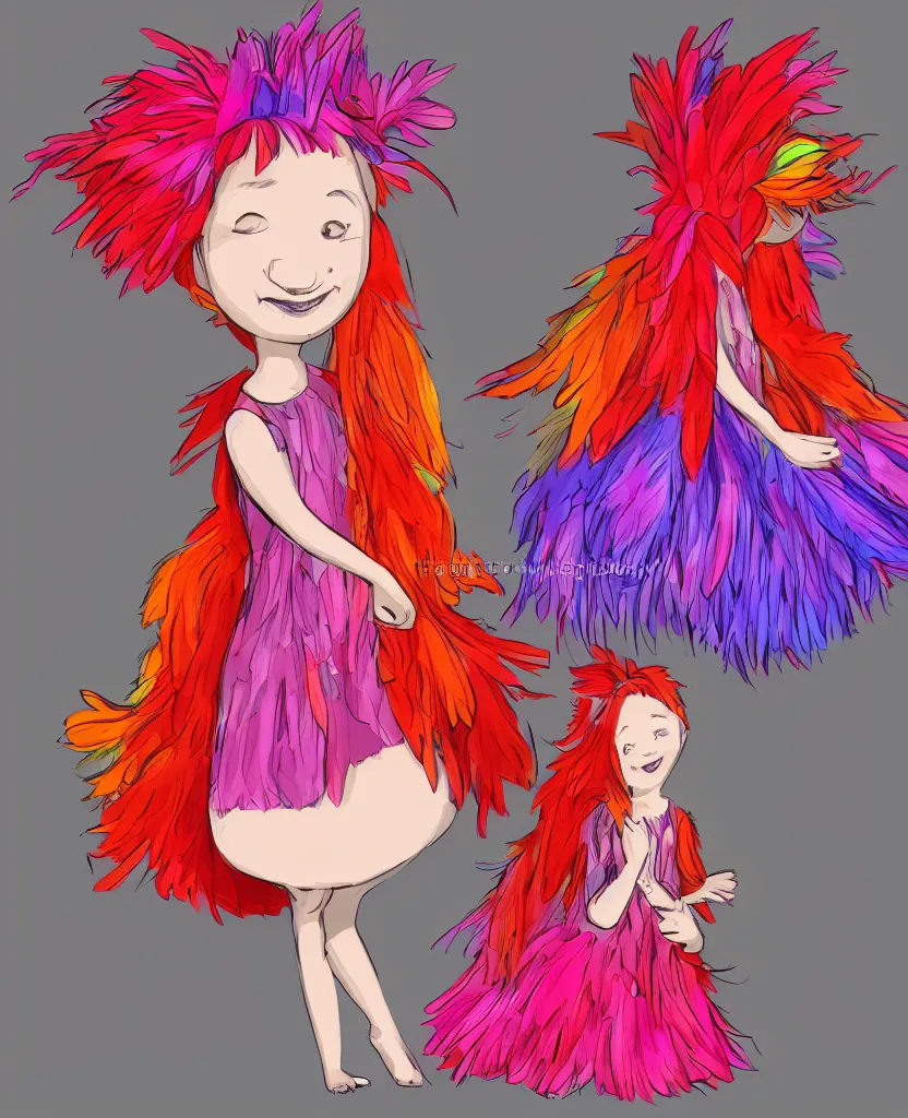 Image similar to little girl with eccentric red hair wearing a dress made of colorful feathers, concept art, smooth, cartoon art style