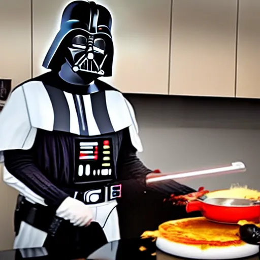 Image similar to darth vader cooking lasagna, cooking show