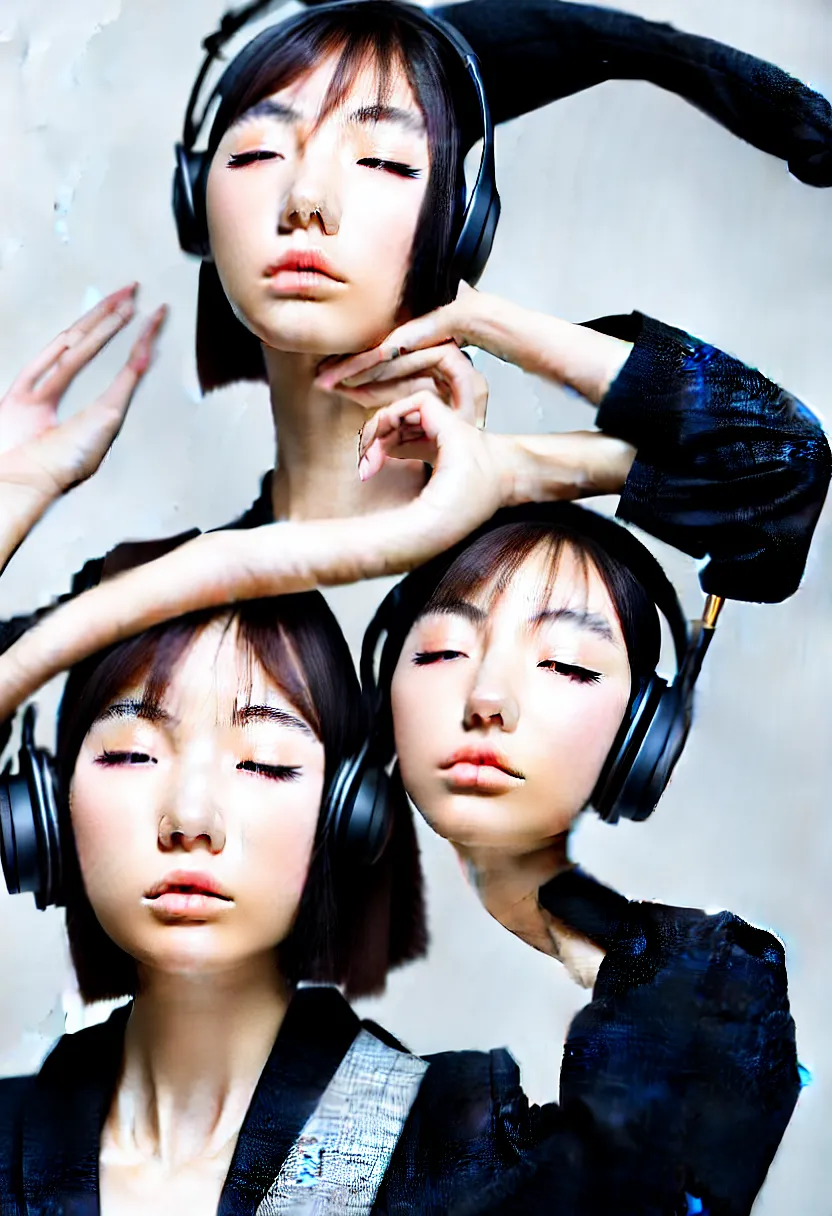 Image similar to headshot, japanese young woman, headphones listening to music, elegant as fashion editorial shot, highly detailed, smooth, sharp focus, photo by vogue