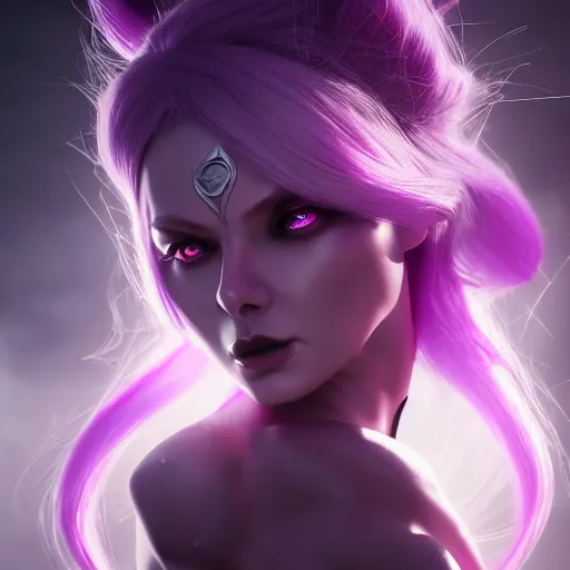 Image similar to Portrait of Syndra from league of legends, anger, mystery, fear, highly detailed, ominous vibe, smoke, octane render, cgsociety, artstation, trending on ArtStation, by Marie Magny