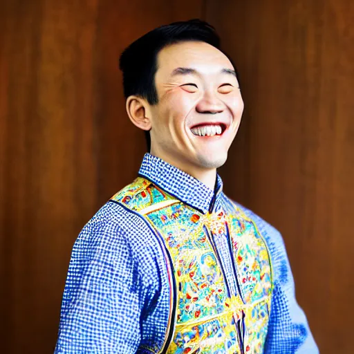 Prompt: photography of smiling kim chen in. kim chen in is wearing traditional - ukrainian shirt designed by taras shevchenko.