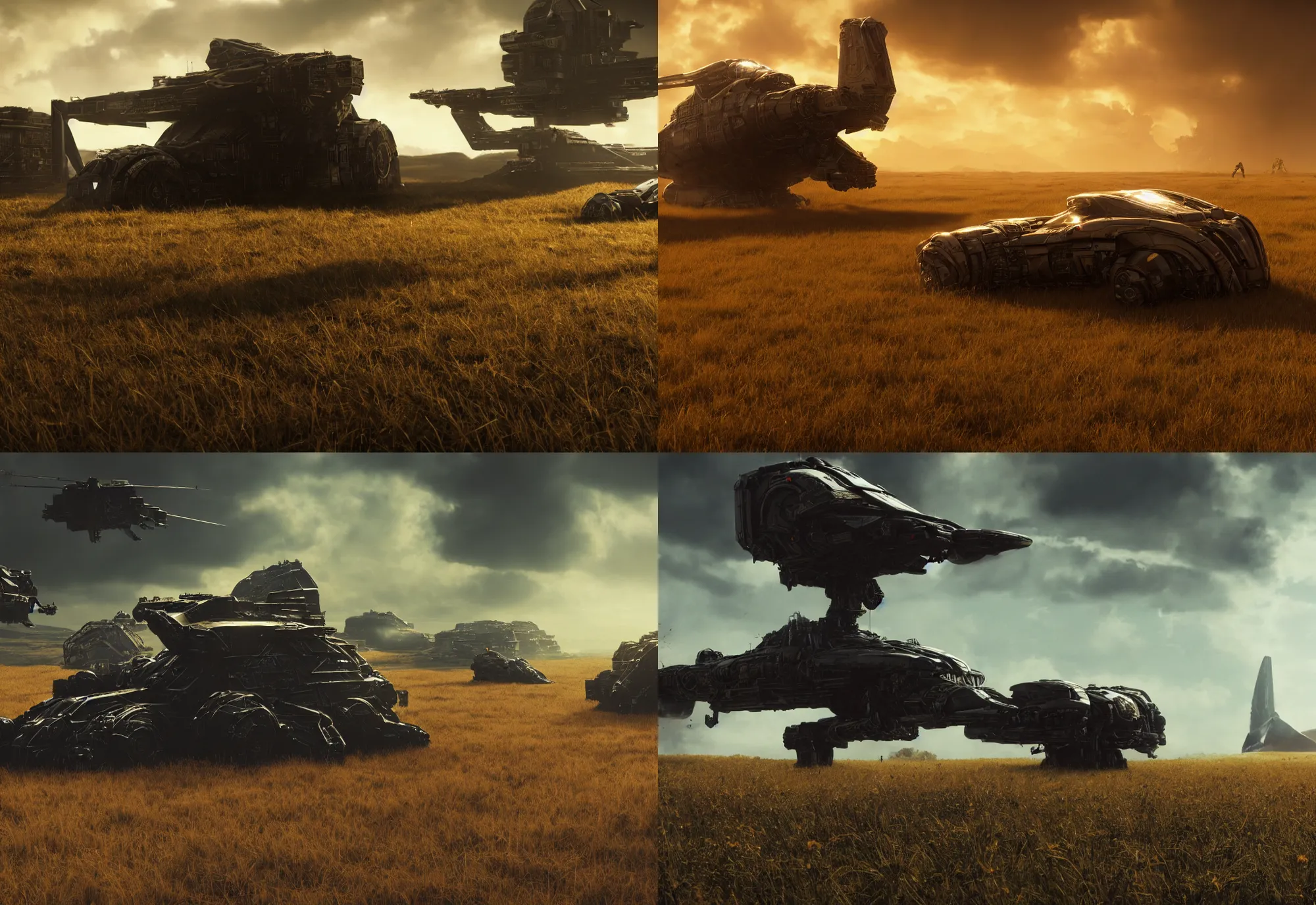 Prompt: neil blomkamp film realistic detailed landscape, trending on artstation, hyper realistic, cinematic, perfect composition, golden ratio, extreamly detailed, detailed grass, detailed crash space ship in fire, detailed sky, physical correct lgiht and shadow, photorealistic, octane render 8 k, color harmony, color balance, extremly detailed objects