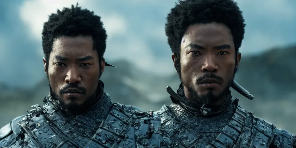 Image similar to a film still of a black man starring in a japanese blockbuster film as samurai, futuristic, shallow depth of field, cinematic, award winning cgi, vfx, film still