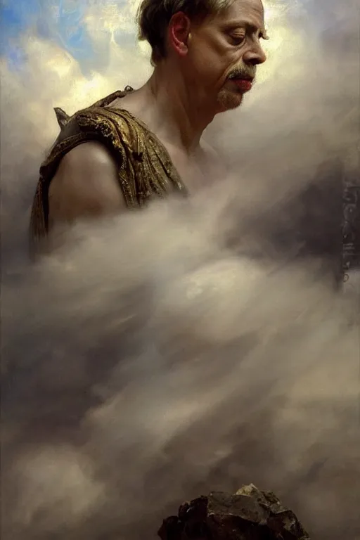 Image similar to beautiful detailed expressive impressionistic oil painting portrait of ancient roman god emperor steve buscemi ascending into the clouds wearing the civic crown, renaissance painting, art by anders zorn, wonderful masterpiece by greg rutkowski, expressive brush strokes, beautiful cinematic light, american romanticism by greg manchess, jessica rossier