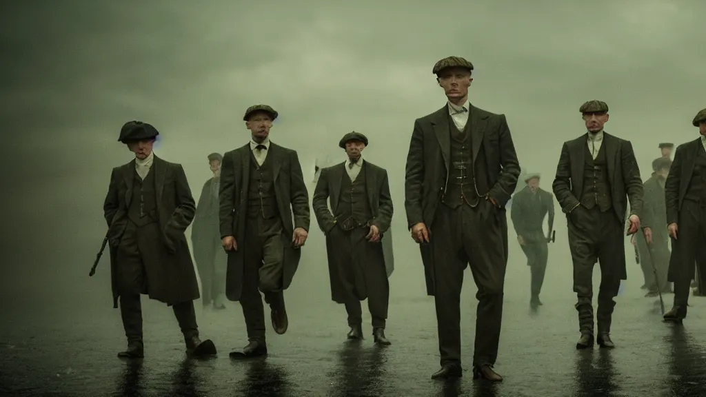 Image similar to the peaky blinders made of shrimps coming out of the ocean film still from the movie directed by denis villeneuve with art direction by zdzis