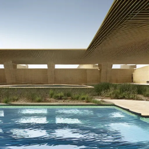 Image similar to architectural rendering of biophilia brutalism building in the desert, pool, garden